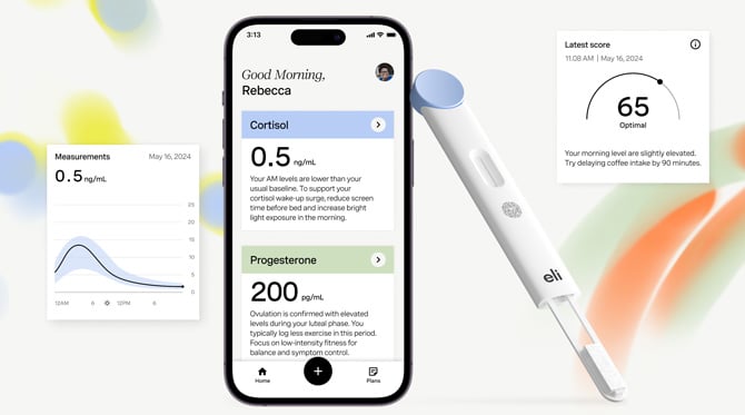 The Hormometer is shown on the right and you can see the app and a graph showing cortisol levels on the left