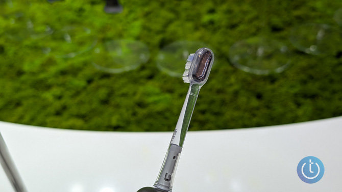 Close up of the new toothbrush head showing a softer material on the back