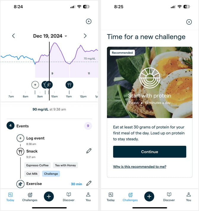 Two screenshots of the Lingo app. On the left you can see the graph showing glucose readings, icons for food and exercise, and a shaded area the a number signifying the Lingo Count. On the right you see a challenge suggestion to eat 30 gram of protein for breakfast, 