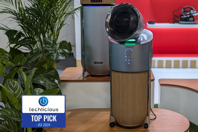 The Morphy Richards Ductless Portable Air Conditioner is shown from the front. The Techlicious Top Pick Award logo is in the lower left.  