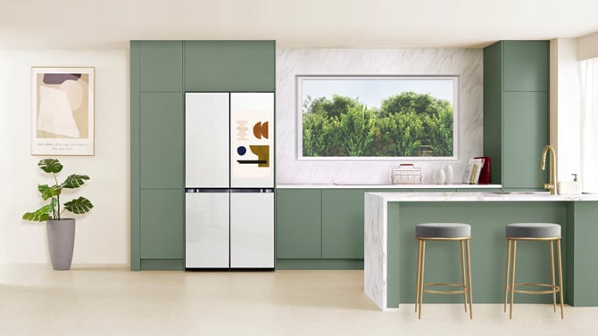 Samsung refrigerator with AI Hybrid Cooling tech is shown in a kitchen setting.