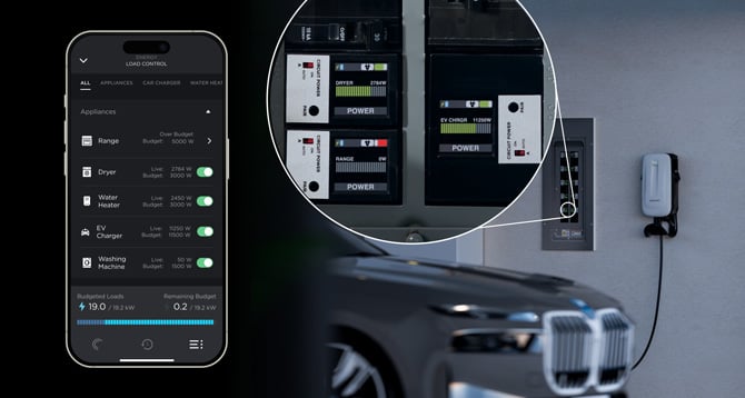 A composite shot of the Savant app on the left showing the ability to turn off devices, a closeup of a smart power moduel, and a further away shot of a breaker panel with smart power modules. 