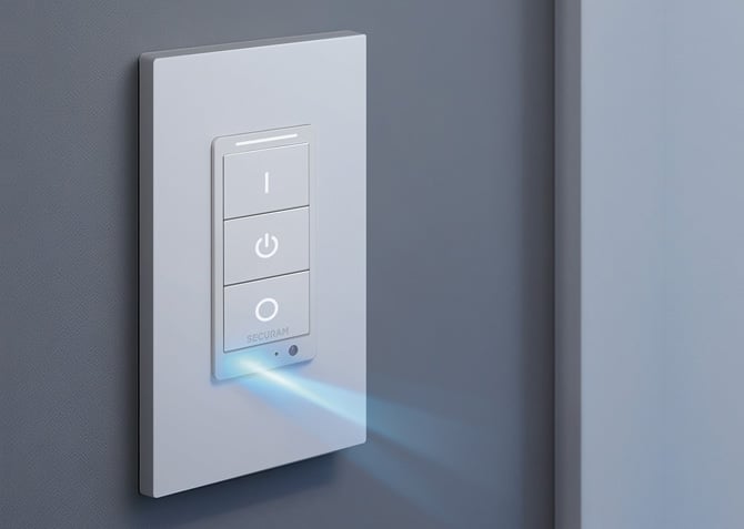 SECURAM's Wi-Fi Security Dimmer Switch is shown with the laser sensor on.