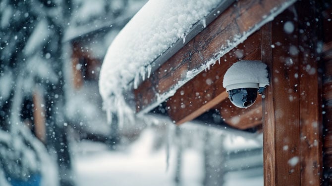 concept of a security camera installed under the eaves of a house.