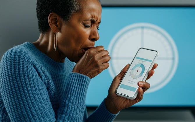 Concept drawing of woman coughing into a phone for a diagnotic test.