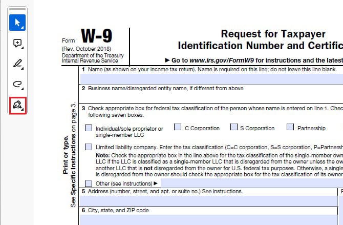 Adobe Acrobat Reader screenshot showing a W-9 form with the Sign icon pointed circled