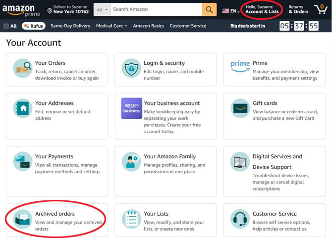 Screenshot of Amazon Your Account page showing the Returns & Orders menu item in a red circle and the Archived orders section in the main screen in a red circle.