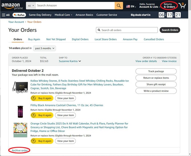 Screenshot of Amazon Your orders page with the Account & Lists menu item in a red box and the Archive order option under an order circled in a red.