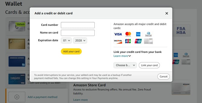 Amazon website showing a popup with the option to add a credit or debit card.