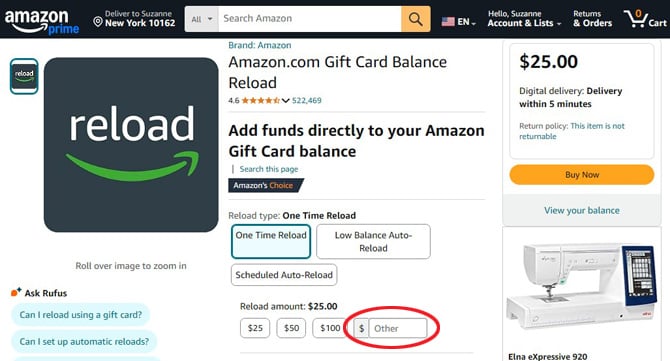 Screenshot of Amazon Reload with $25, $50, $100 and the Box $ Other circled.