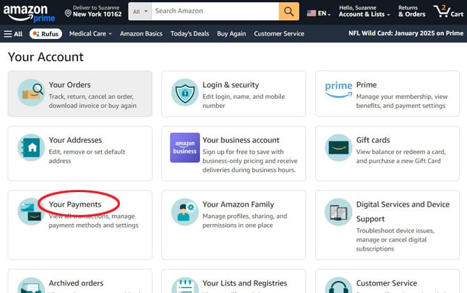 Amazon Site screenshotIn the window, you see Your Account with options for Your Orders, Login & Security, Prime, Your addresses, Payment options (pointed out) and Gift cards.