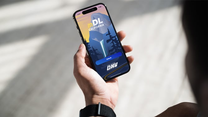 An iPhone shows the opening screen for the California mDL app.
