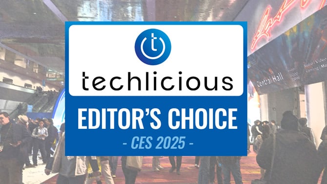 The Techlicious CES 2025 Editor's Choice Award logo sits on top of a photo of the Las Vegas Convention Center during CES 2024