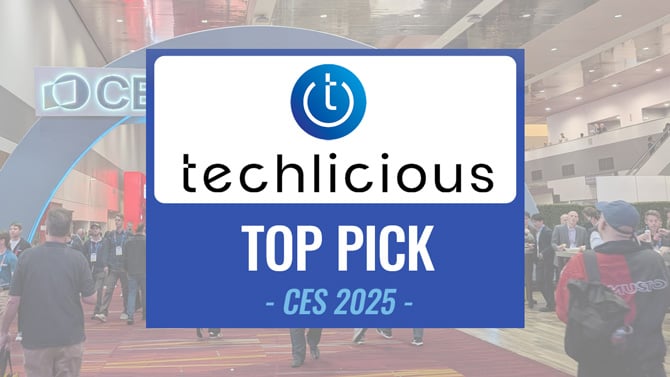 The Techlicious CES 2025 Top Pick Award logo sits on top of a photo of the Las Vegas Convention Center during CES 2024