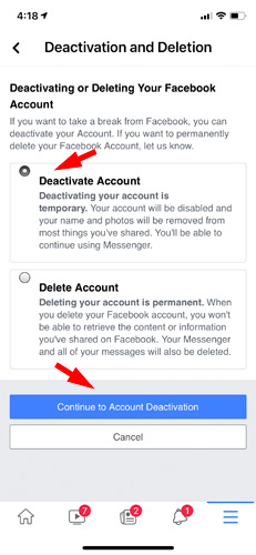 Facebook Deactivation and Deletion settings screenshot pointing out Deactivate Account and Continue to Account Deactivation