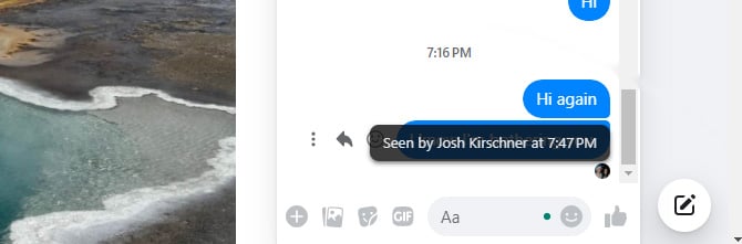 Facebook Messages read notification showing it was seen by Josh Kirschner