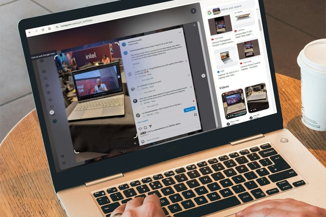 Laptop shows a screenshot with a Techlicious Instagram video on the left and search results from Google Lens on the right.