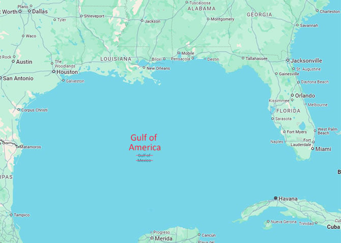 US Map showing the Gulf of Mexico crossed out and replaced by Gulf of America