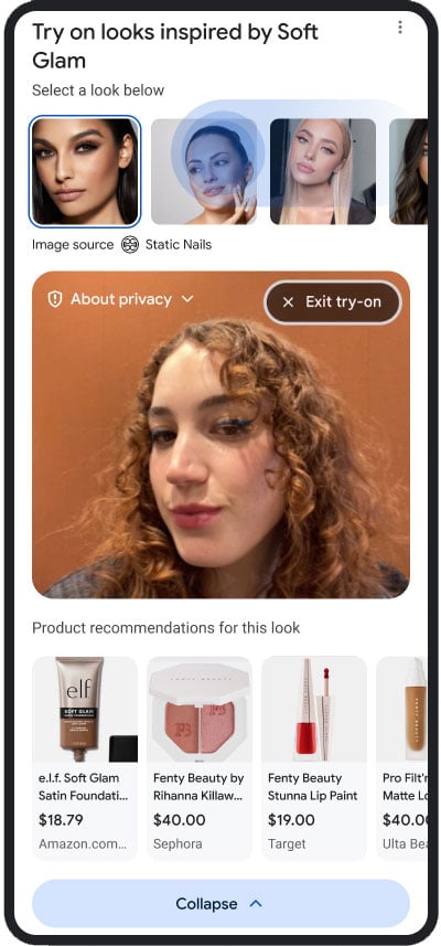 Screenshot of AR beauty tool showing trying on a Soft Glam look