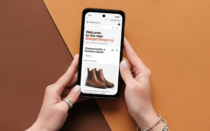Android phone shows a screenshot of the new Google Shopping personalized feed.