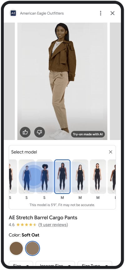 Screenshot of Virtual Try-on showing a model wearing a pair of pants. Below, you can see additional models for virtual try-on