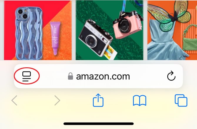 Screenshot of Safari app showing the menu icon in a red circle in the URL bar.