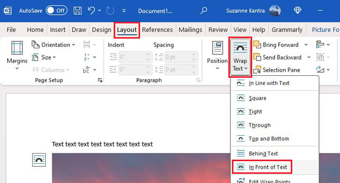 Microsoft Word Layout menu with Wrap Text and In front of text highlighted.