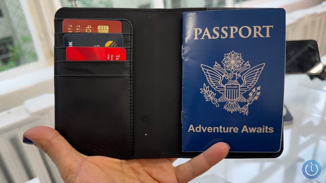 The Satechi Passport Holder is shown open.