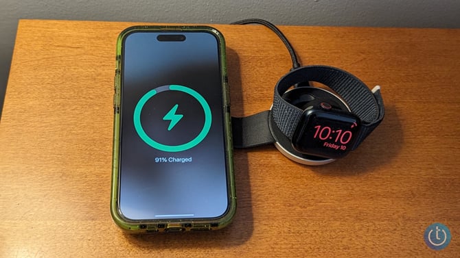Twelve South ButterFly shown charging an Apple iPhone and Apple Watch