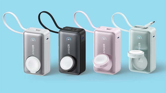 Anker MagGo Power Bank for Apple Watch is shown in its four colors: from the left are silver, black, pink and green.