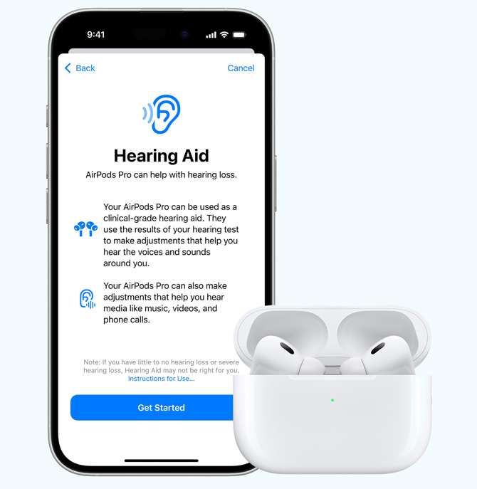 iPhone showing the getting started screen for the hearing test. To the right are the AirPods Pro 2 in their case.