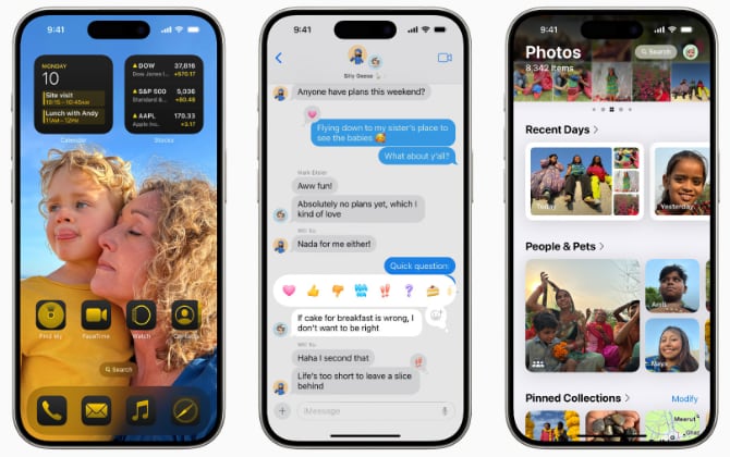 iPhones displaying new iOS 18 homescreen, Messages, and Photos