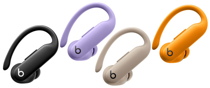 Colors of the Powerbeats Pro 2 - from the left: black, purple, orangle, tan