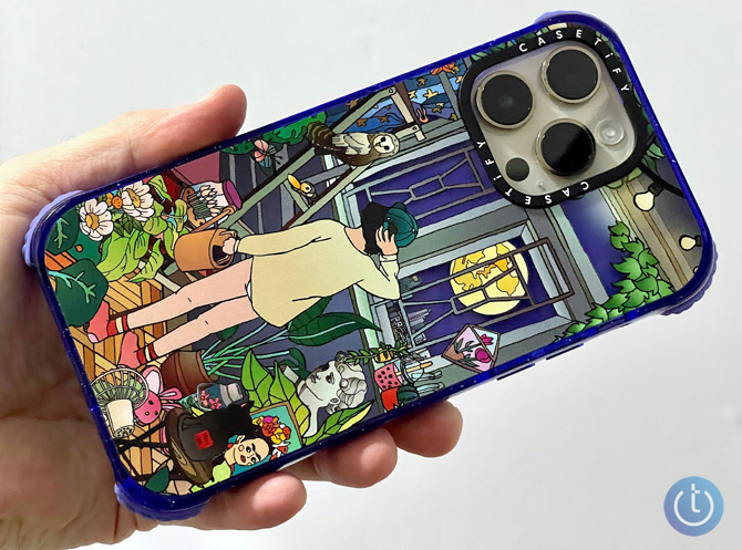 Casetify Vivian Ho case showing a garden scene with a person standing in front of a ladder with an owl on it.