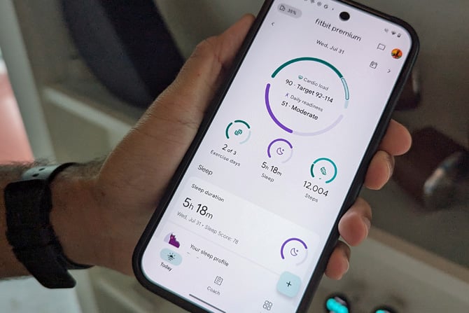 Google Pixel phone showing Fitbit Premium with the Cadrio load and Daily readiness scores.