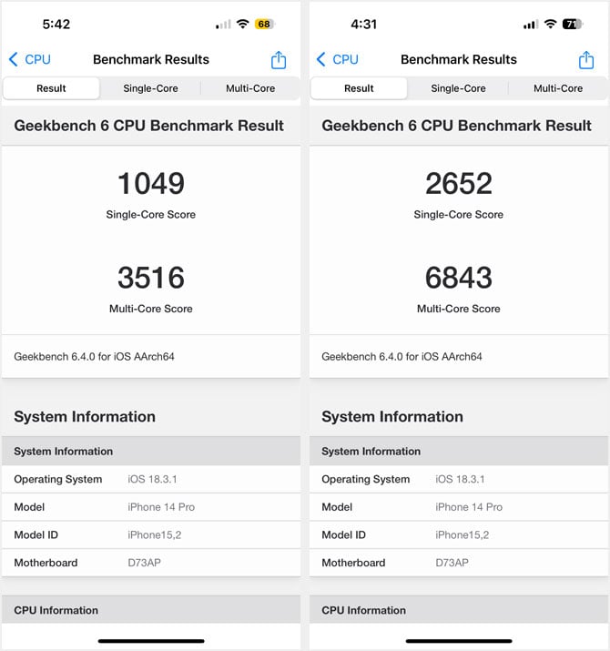 Two screenshots of Geekbench 6. On the left you see the speeds with Low Power Mode on and on the right you see the speeds with Low Power Mode off.