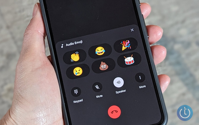 A screenshot of the Google Phone app with the six Audio Emoji icons - (from the top left clockwise) Clapping, Laughing, Party, Crying, Poop, and Drum roll.