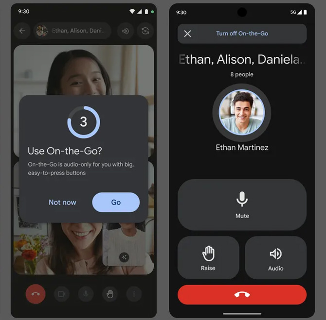 Two screenshots of Google Meet. On the left you see a video chat with a pop up that says: Use On-the-Go? On the right, you see a screenshot with big buttons for mute, raise hand, audio, and the end call button. 