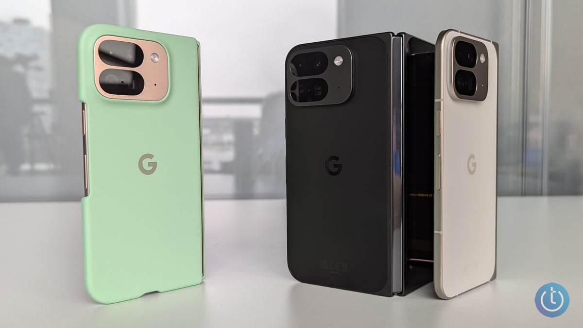 The Pixel 9 Fold is shown in a green case on the right with the Pixel 9 Fold in black and white on the right.