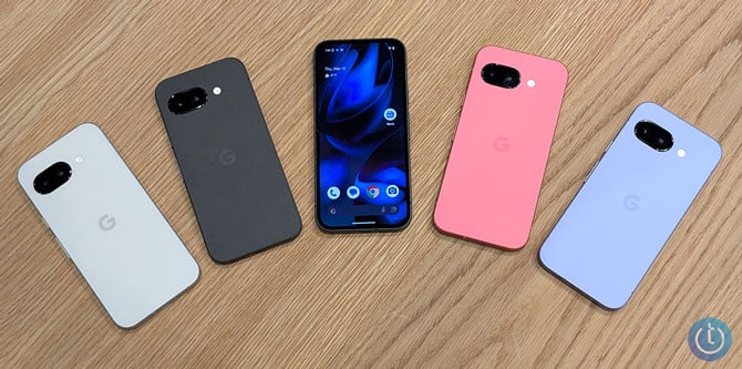 Colors of Pixel 9a from the left: porcelain, obsidian, (the front of the phone in obsidian), peony, and lavendar.