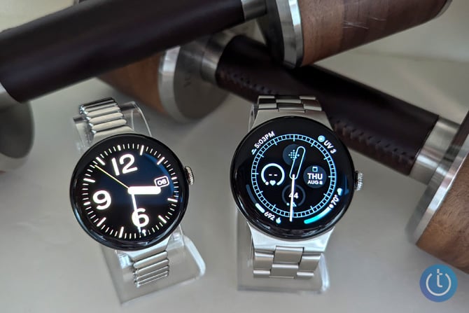 Google Pixel Watch 3 41mm is shown on the left and the Watch 3 45mm on the right