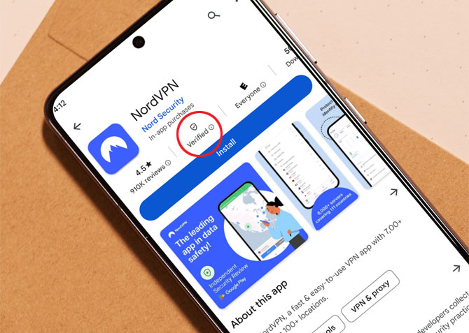 Phone showing the NordVPN app in Google Play with the Verified badge.