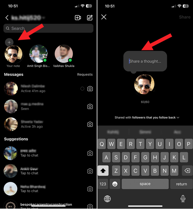 Two screenshots of Instagram. On the left you see a profile pointed out with the plus sign and Your Note below it. On the right side you see the Note compose screen with the Note bubble to enter text pointed out. 