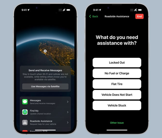 iPhone 16e showing the satellite options for Messages, Find My and Roadside Assistance on the left and options for Roadside assistance on the right. 
