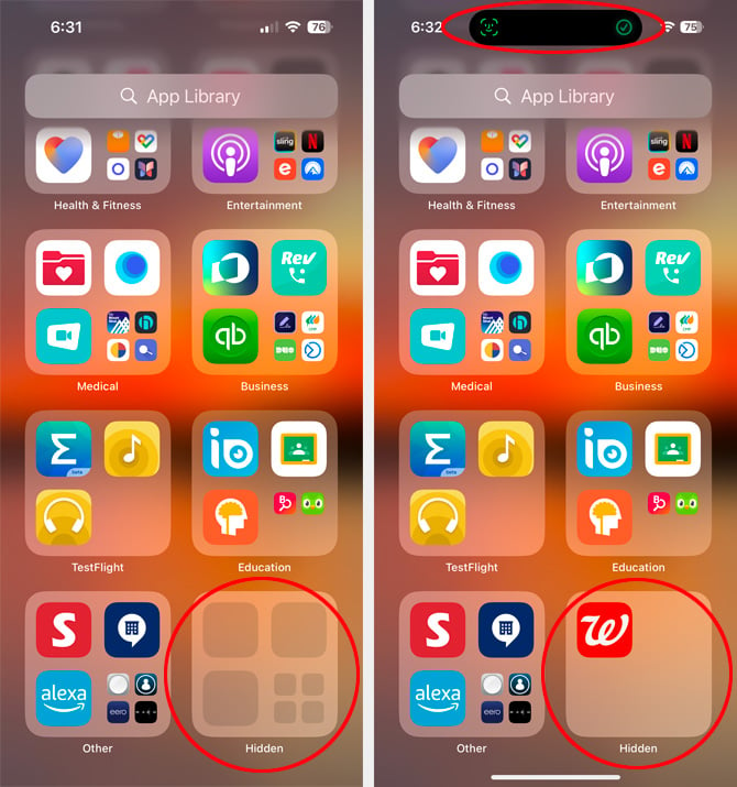 Two screenshots of the App Library. On the left you see an empty Hidden folder and on the right, you see an app revealed and at the top, you see a Face ID icon and a check mark.