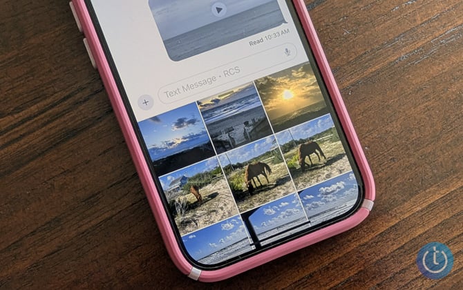 iPhone showing the text input box for an RCS message with photos underneath.