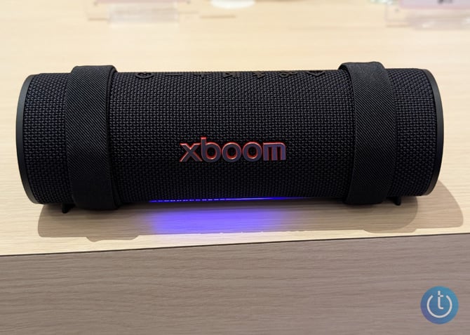 LG xboom Grab on a shelf with a purple light on the bottom