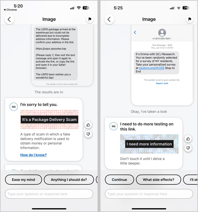 Two screenshots of the Notron Genie app. On the left you see a USPS scam delivery that is identified as a scam. On the right there is a survey text that Genie says needs more information