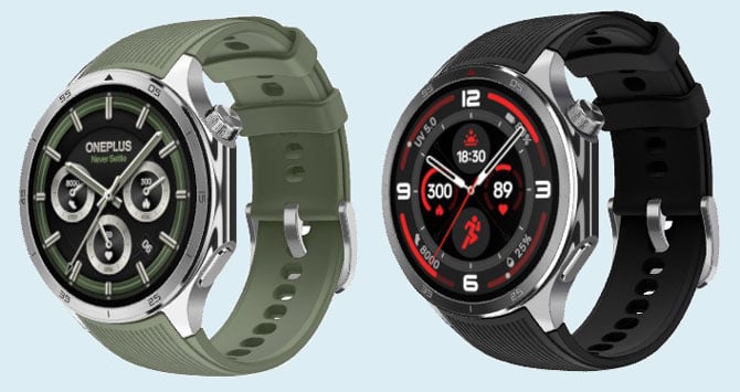 OnePlus Watch 3 in Emerald on the left and Titanium on the right.