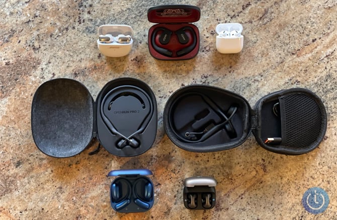 Best of Open Ears group shot - from the left top row: Bose Ultra Open Earbud, Cleer ARC 3, Apple AirPods 4 with ANC; second row: Shokz OpenRun Pro 2 and H20 TRI Pro 2, and on the bottom row: Soundcore Aerofit 2 and Soundcore C40i.